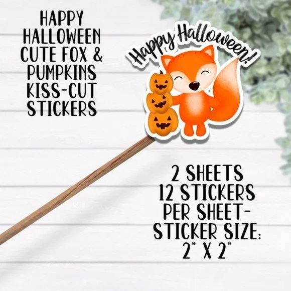 Happy Halloween Cute Fox Pumpkin Stickers- 2 Sheets of 12 Stickers - Picture 2 of 4